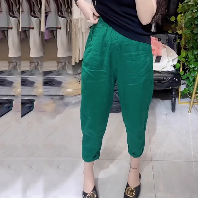 绿色高腰棉麻九分分哈伦裤女夏季新款中年妈妈显瘦轻薄减龄休闲裤