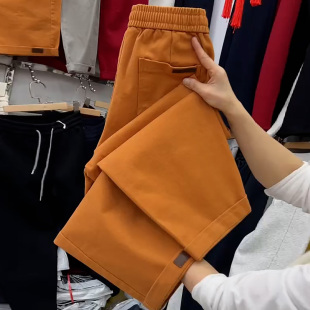 桔色高腰休闲水洗棉九分老爹裤 女小个子宽松显瘦舒适简约直筒裤