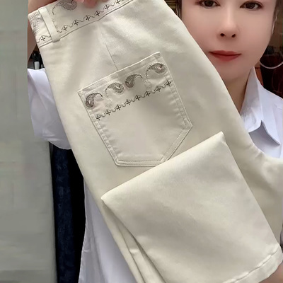 民族风高腰刺绣薄款九分牛仔裤