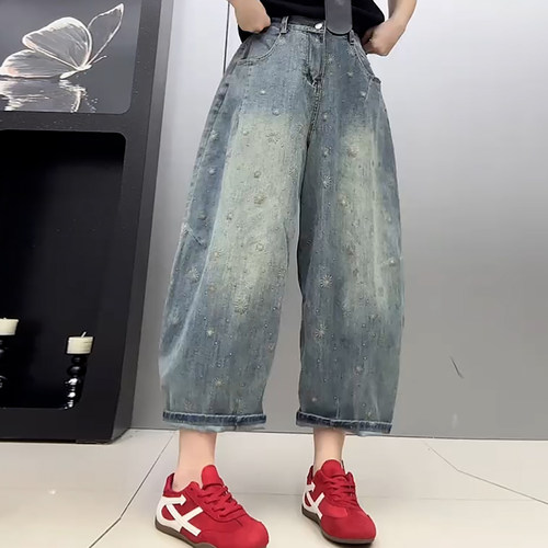 蓝色刺绣大码显瘦牛仔阔腿九分裤