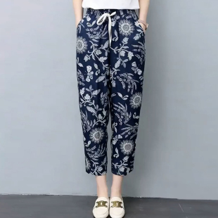 薄款 中老年蓝色印花直筒舒适沙滩裤 九分棉麻裤 款 女2026夏季 新中式
