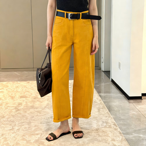 黄色弯刀裤女宽松显瘦休闲九分裤