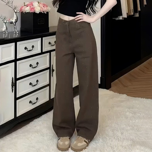 美拉德棕咖碎花高腰显瘦阔腿牛仔