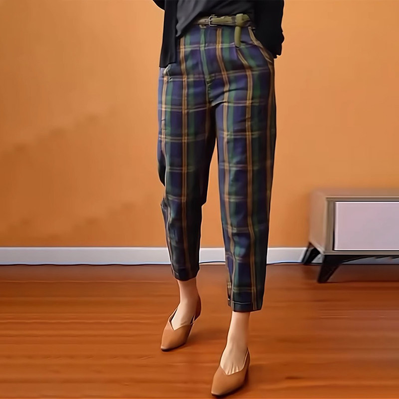 韩版撞色格子九分裤女夏季轻熟风显瘦百搭洋气薄款高腰萝卜裤潮