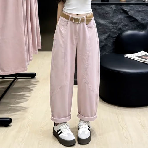粉色弯刀高腰显瘦阔腿牛仔裤女