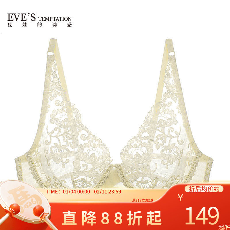 夏娃的诱惑薄纱性感蕾丝内衣女超薄款透明大胸显小上托全罩杯文胸