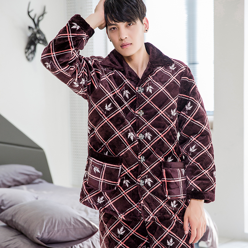 加厚三层珊瑚绒夹棉外穿家居服