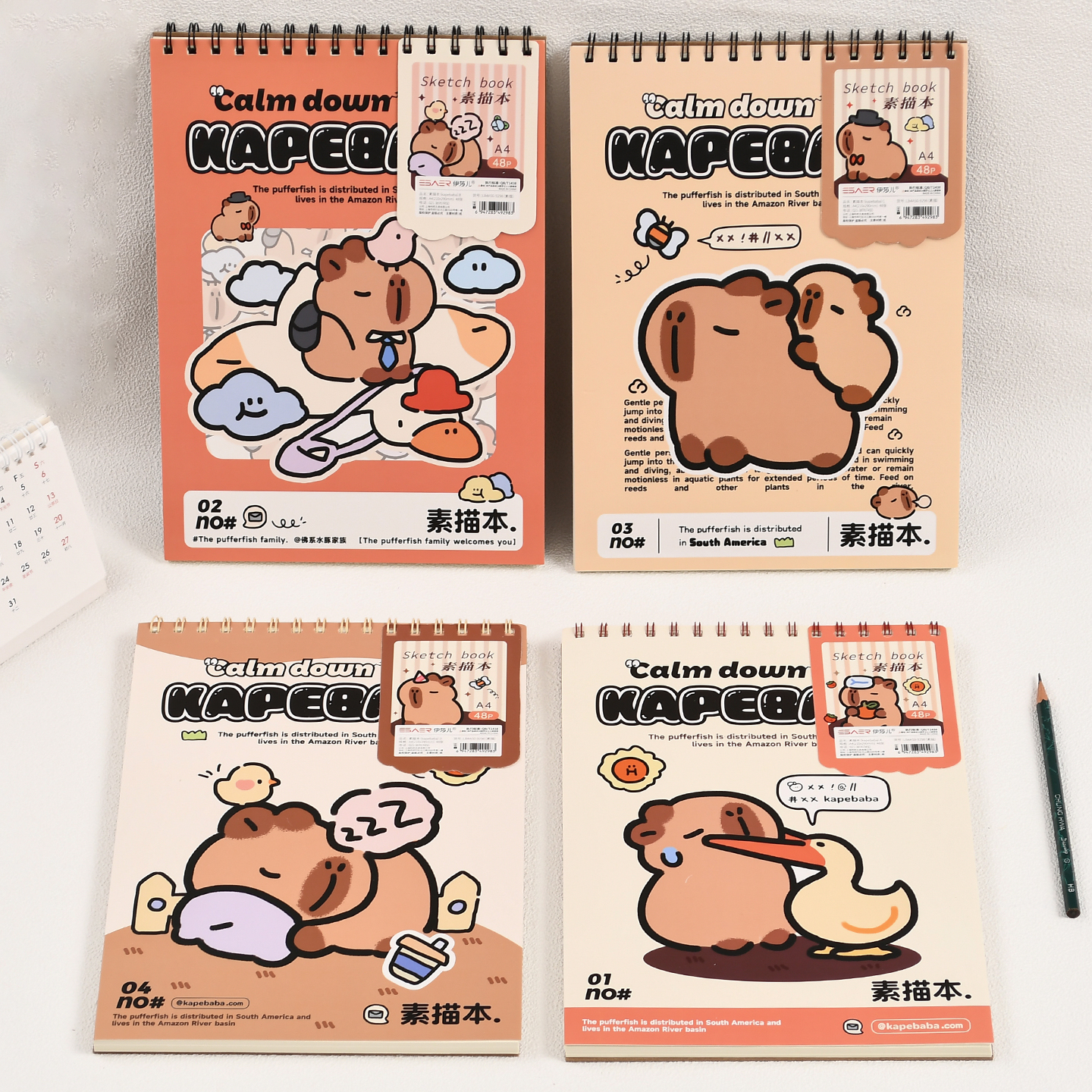 伊莎儿A4素描本学生用画画本涂鸦本空白内页记事本可爱水豚家族猫