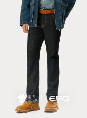 ERQ901经典黑牛男士秋季宽松复古直筒牛仔裤全棉商务水洗