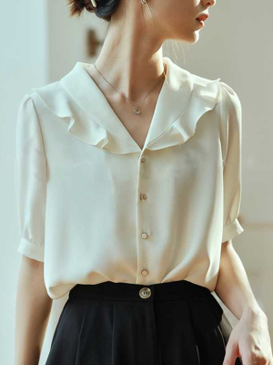 法式复古宫廷风白色衬衫女夏季荷叶领短袖雪纺衬衣小众设计感上衣