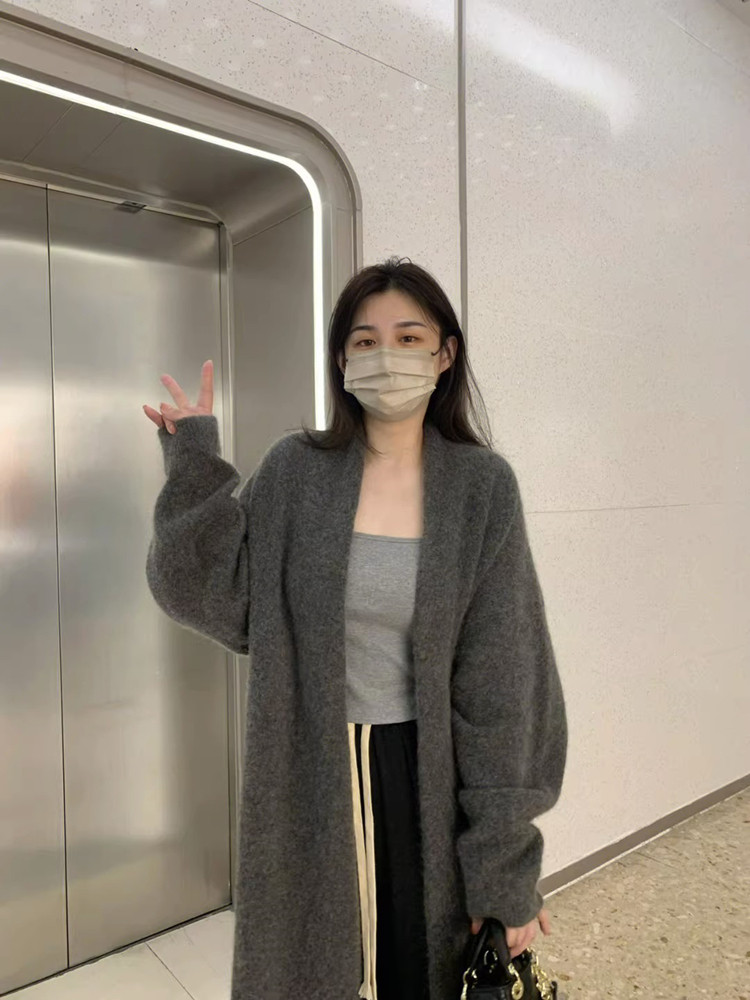 软糯奶fufu灰色水貂绒针织开衫女秋冬高级感长款薄款毛衣外套外穿