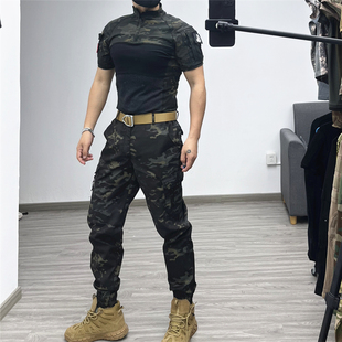 夏男女户外拓展战术弹力迷彩短袖套装安保工装健身修身小脚裤透气