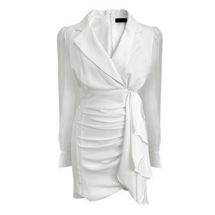 女神范白色西装领裙2026新款高级感法式收腰显瘦长袖褶皱连衣裙女