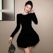 亮闪闪宴会party生日连衣裙短款 黑色亮片超好看收腰显瘦小黑裙女