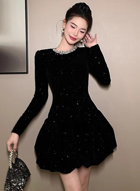 亮闪闪宴会party生日连衣裙短款黑色亮片超好看收腰显瘦小黑裙女