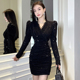 赫本风复古减龄黑色连衣裙女秋冬修身 包臀遮肚子褶皱V领蕾丝裙子