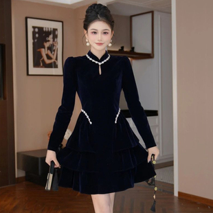 高定女装欧洲站生日穿搭丝绒连衣裙立领设计名媛风收腰显瘦蛋糕裙