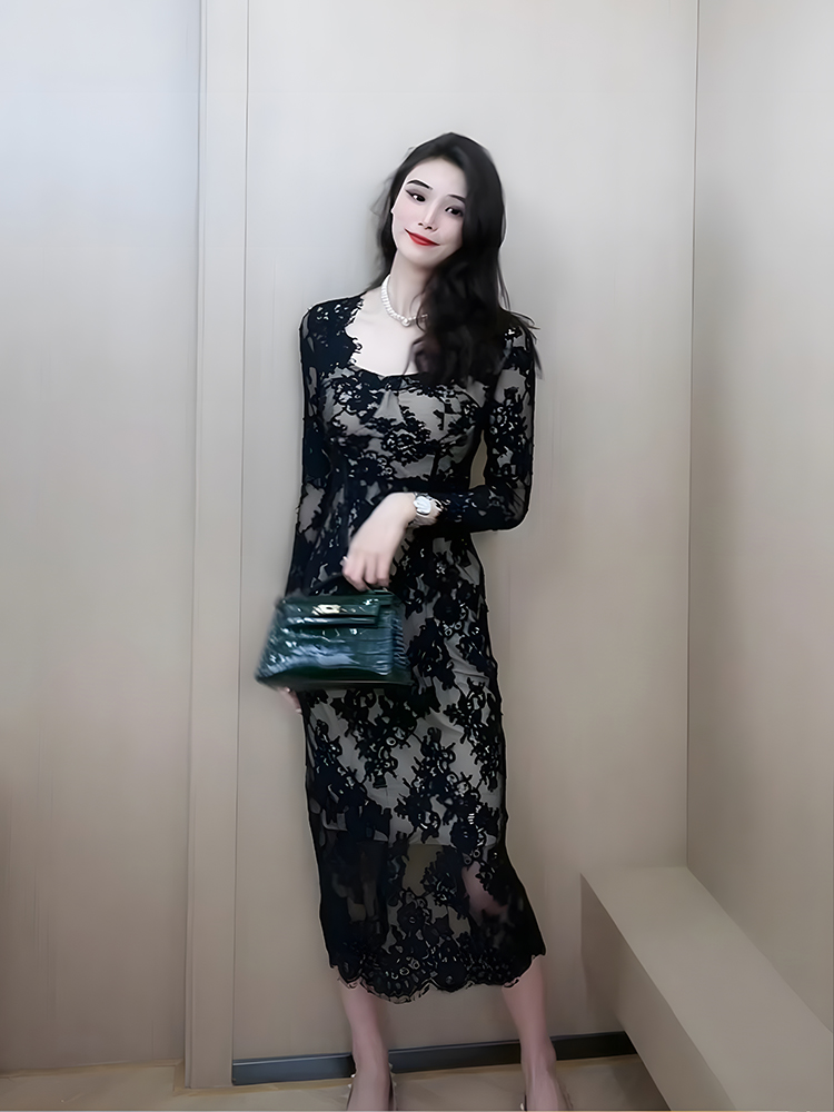 内搭名媛风黑色蕾丝连衣裙女冬季性感修身女人味包臀显瘦打底裙子