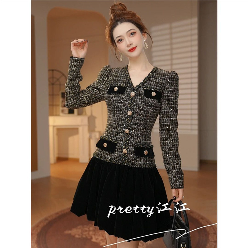 粗花呢拼接设计师格纹连衣裙2026新款重工轻奢名媛风显瘦花苞裙女,女装/女士精品,连衣裙,淘宝优惠券,粉丝福利购,淘宝优惠卷