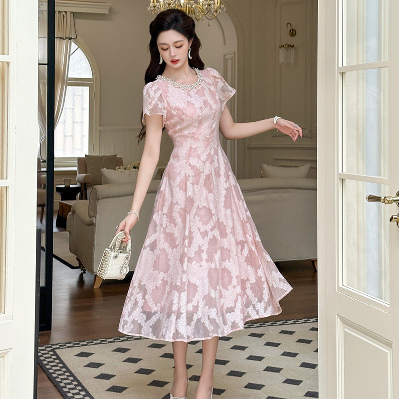印花甜美温柔风粉色连衣裙女装圆领钉珠初恋系优雅显瘦礼服长裙子