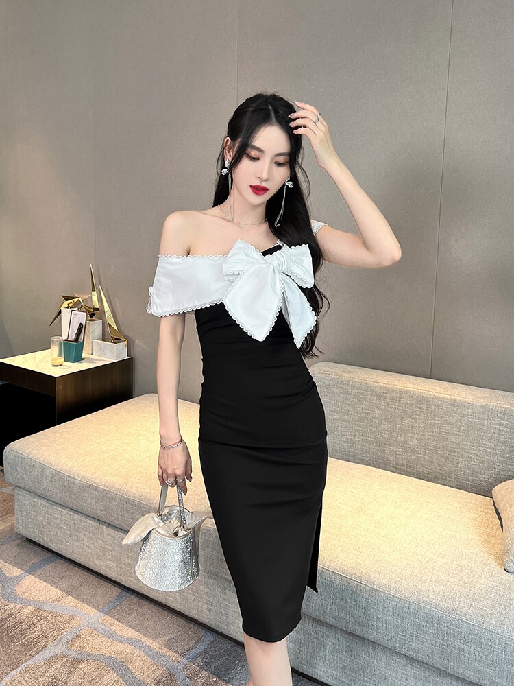 性感一字领蝴蝶结露肩礼服裙子女夏季新款气质修身显瘦包臀连衣裙