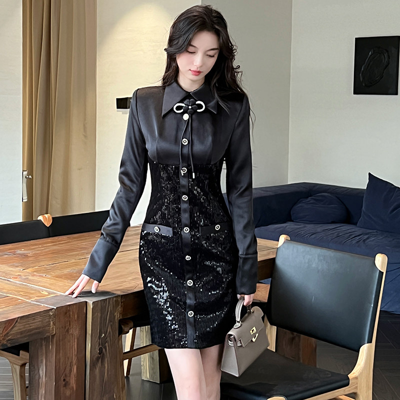 POLO领长袖高级感黑色亮片连衣裙收腰显瘦显身材拼接气质包臀裙子
