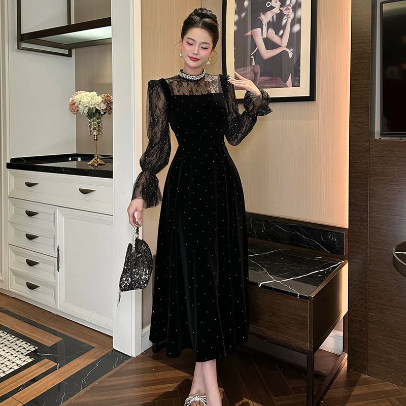 法式欧洲站高端精致赫本风收腰遮肉遮肚子显瘦气质丝绒a字长裙女