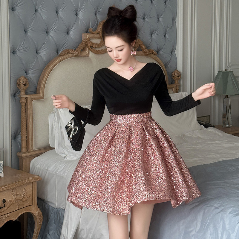 时髦洋气设计师款亮片拼接礼服连衣裙女小个子显高V领粉色蓬蓬裙