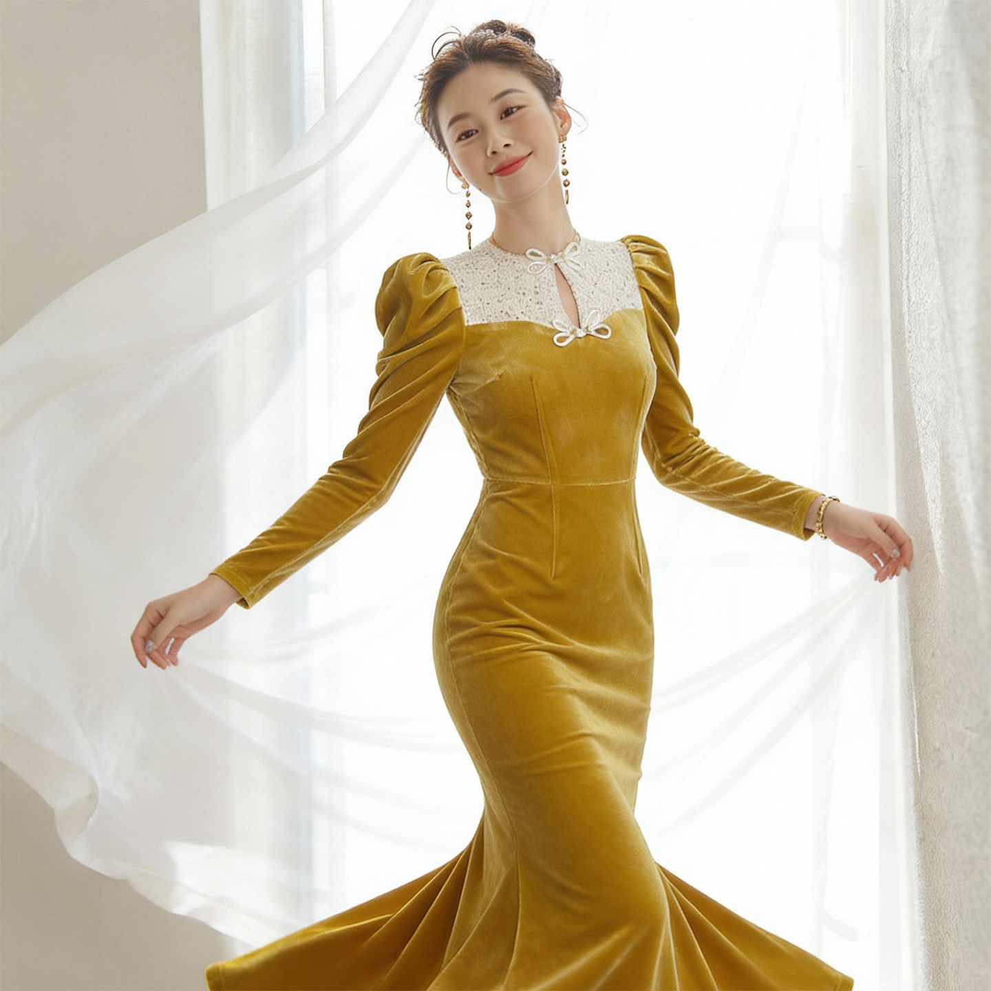 端庄优雅巨好看鱼尾连衣裙女2026新款轻奢显瘦泡泡袖褶皱修身裙子