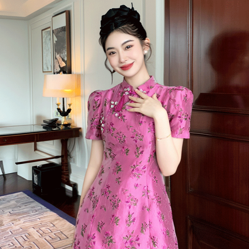新中式绣花盘扣改良旗袍裙年轻款碎花国风小个子短袖a字连衣裙女