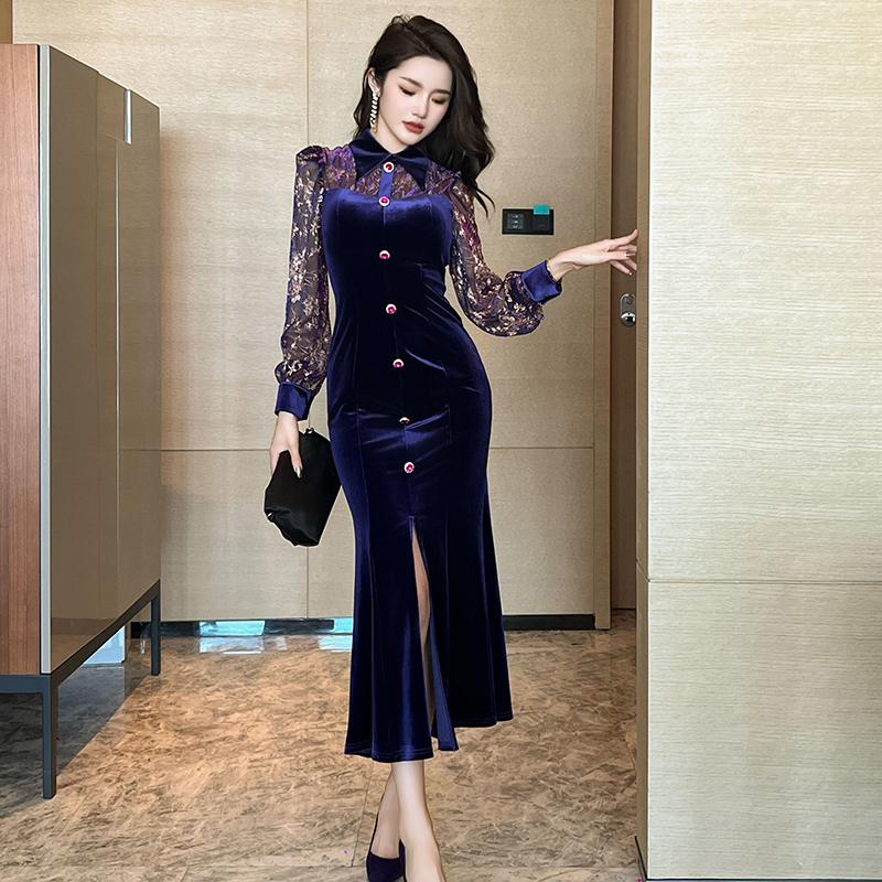 蕾丝拼接新中式女装紫色连衣裙