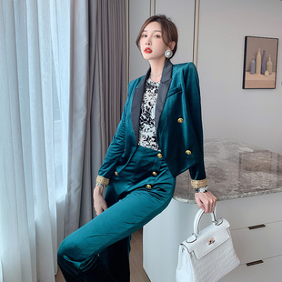 欧洲站高级感丝绒小西服两件套女神范气质外套垂感阔腿裤套装秋季