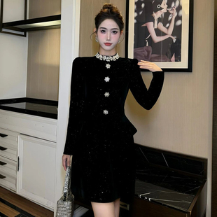 时尚重工欧洲站高定黑色连衣裙短款独特假两件名媛风轻奢a字裙女