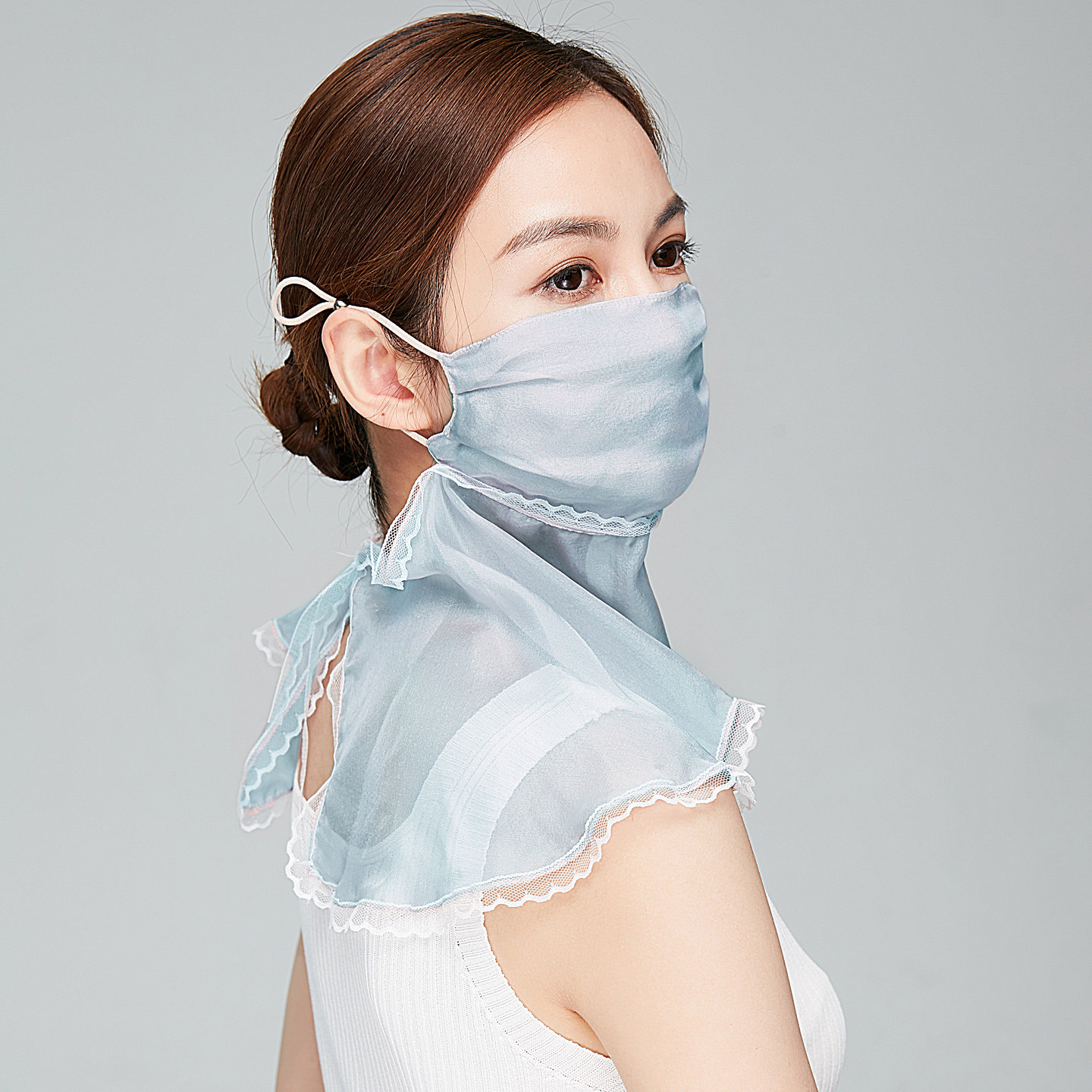 夏季公主风蕾丝真丝挂耳面纱桑蚕丝防晒面罩护颈一体开车骑车脸罩