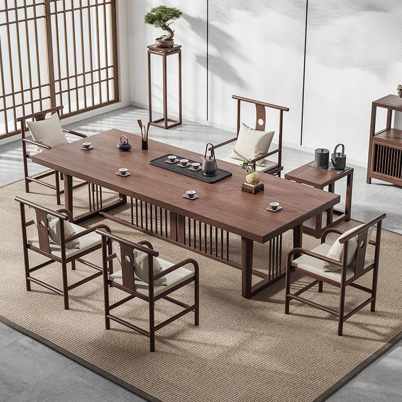 新中式实木大板茶桌椅组合一桌五椅老榆木功夫客厅家用办公泡茶台