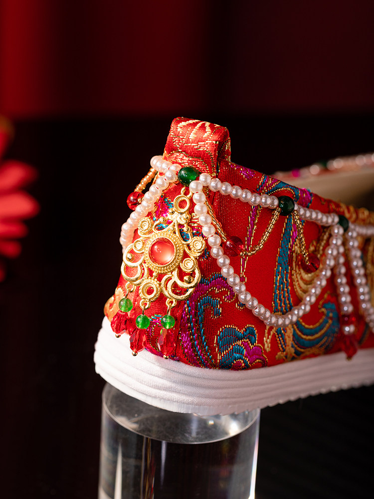 SANKENG GIRL AUTUMN CHINESE ANCIENT STYLE CUSTOM WEDDING SHOES HEAVY INDUSTRY TASSEL PEARL HANFU WEDDING FLAT WOVEN JIN XIUHE SHOES