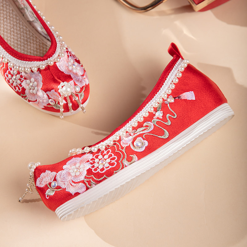 2022 NEW XIUHE WEDDING SHOES ARE NOT TIRED THE FEET ARE HEIGHTENED EMBROIDERED LACE-UPS RED ANTIQUE PEARL TASSEL EMBROIDERED SHOES