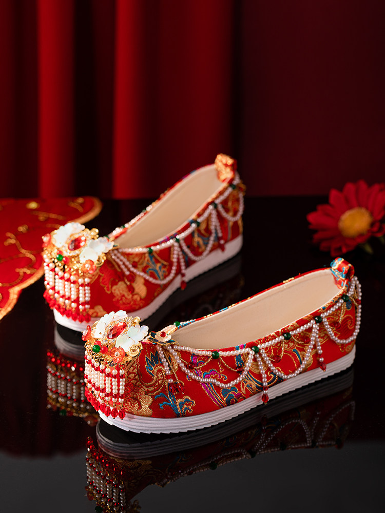 SANKENG GIRL AUTUMN CHINESE ANCIENT STYLE CUSTOM WEDDING SHOES HEAVY INDUSTRY TASSEL PEARL HANFU WEDDING FLAT WOVEN JIN XIUHE SHOES