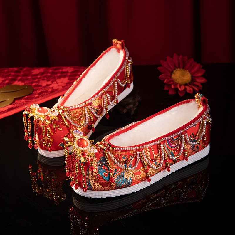 SANKENG GIRL WEDDING SHOES WINTER ORIGINAL NICHE LIGHT LUXURY HANDMADE VELVET WOVEN GOLD BRIDE WEDDING TASSEL HANFU EMBROIDERED SHOES