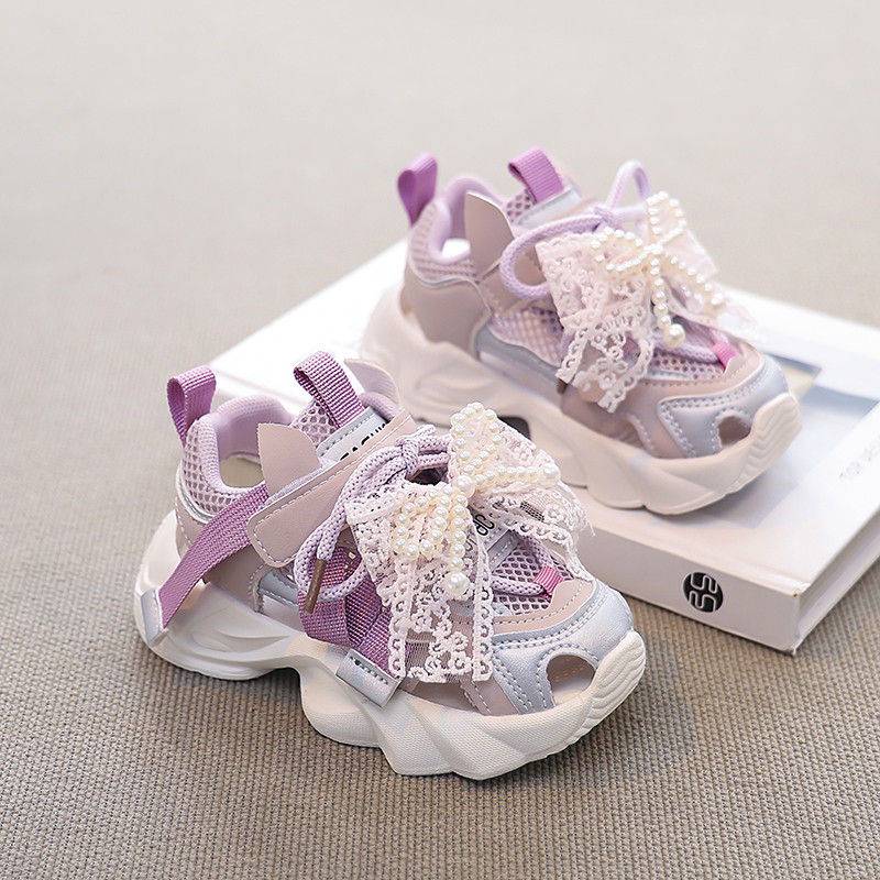 女童镂空运动鞋夏季儿童老爹鞋蕾丝蝴蝶结透气中大童包头凉鞋女孩