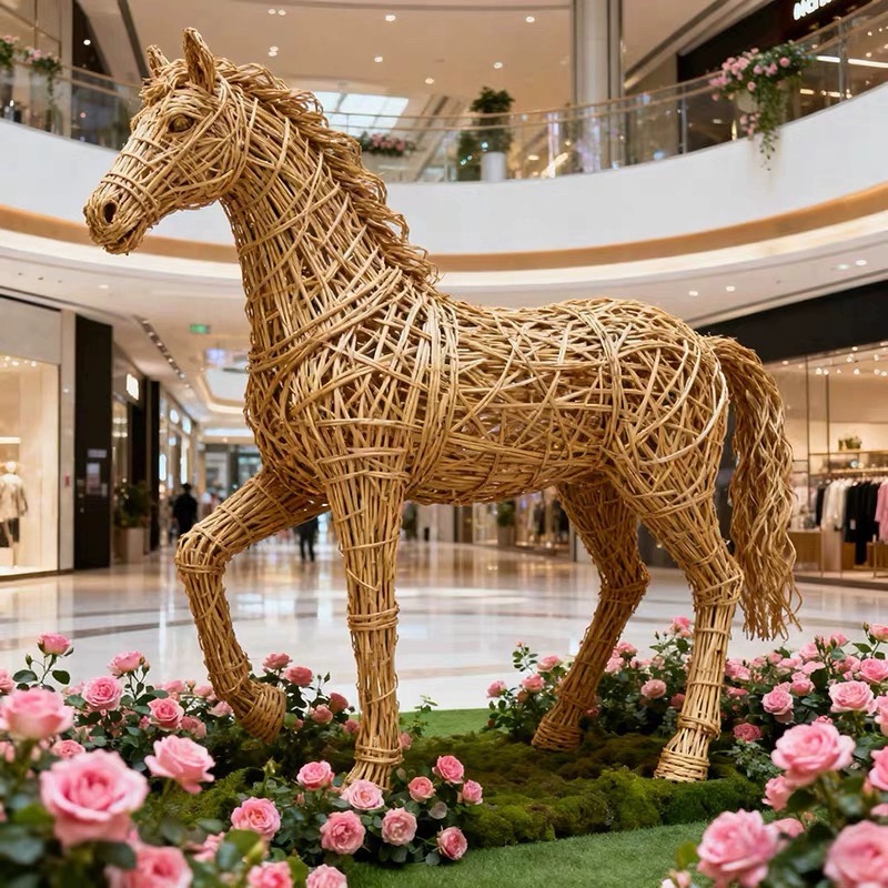 户外庭院花园动物摆件现代简约创意马雕塑园林景观装饰品摆件藤编