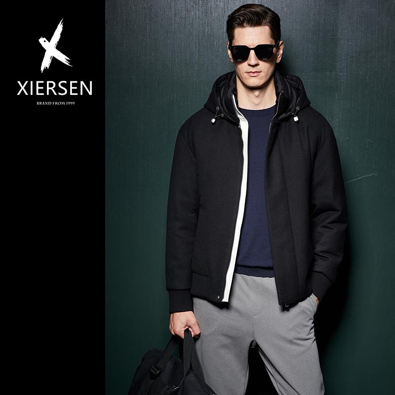 冬欧洲站轻奢纯羊毛连帽绵羊皮真皮装饰鹅绒羽绒服男短款时尚外套