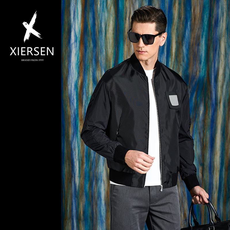 棒球领春秋修身绵羊皮装饰夹克