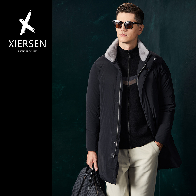 立翻领中长款水貂领鹅绒羽绒服