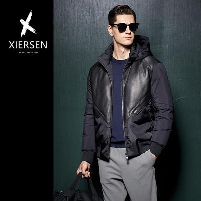 鹅绒羽绒服绵羊皮胎牛皮装饰连帽