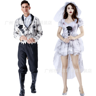 新款 血腥演出服 2020万圣节恐怖情侣鬼新娘新郎cosplay服装
