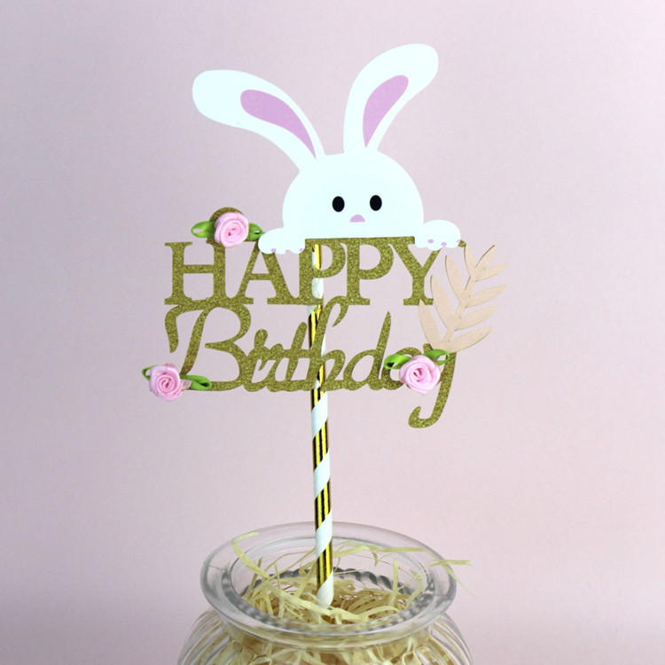 ins网红兔子happy birthday蛋糕装饰插件插牌生日派对装饰小兔子