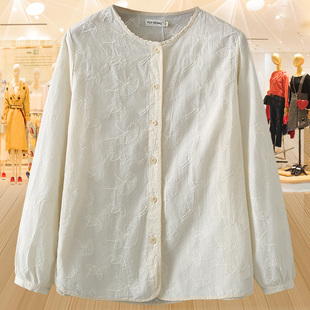 衬衫 大码 上衣宽松遮肚洋气花边领长袖 纯色刺绣小衫 女 中年妈妈秋装