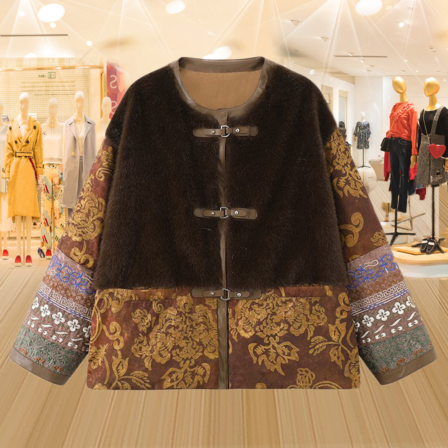 新中式国风刺绣皮毛一体羽绒服女冬复古刺绣羊羔毛拼接白鸭绒外套