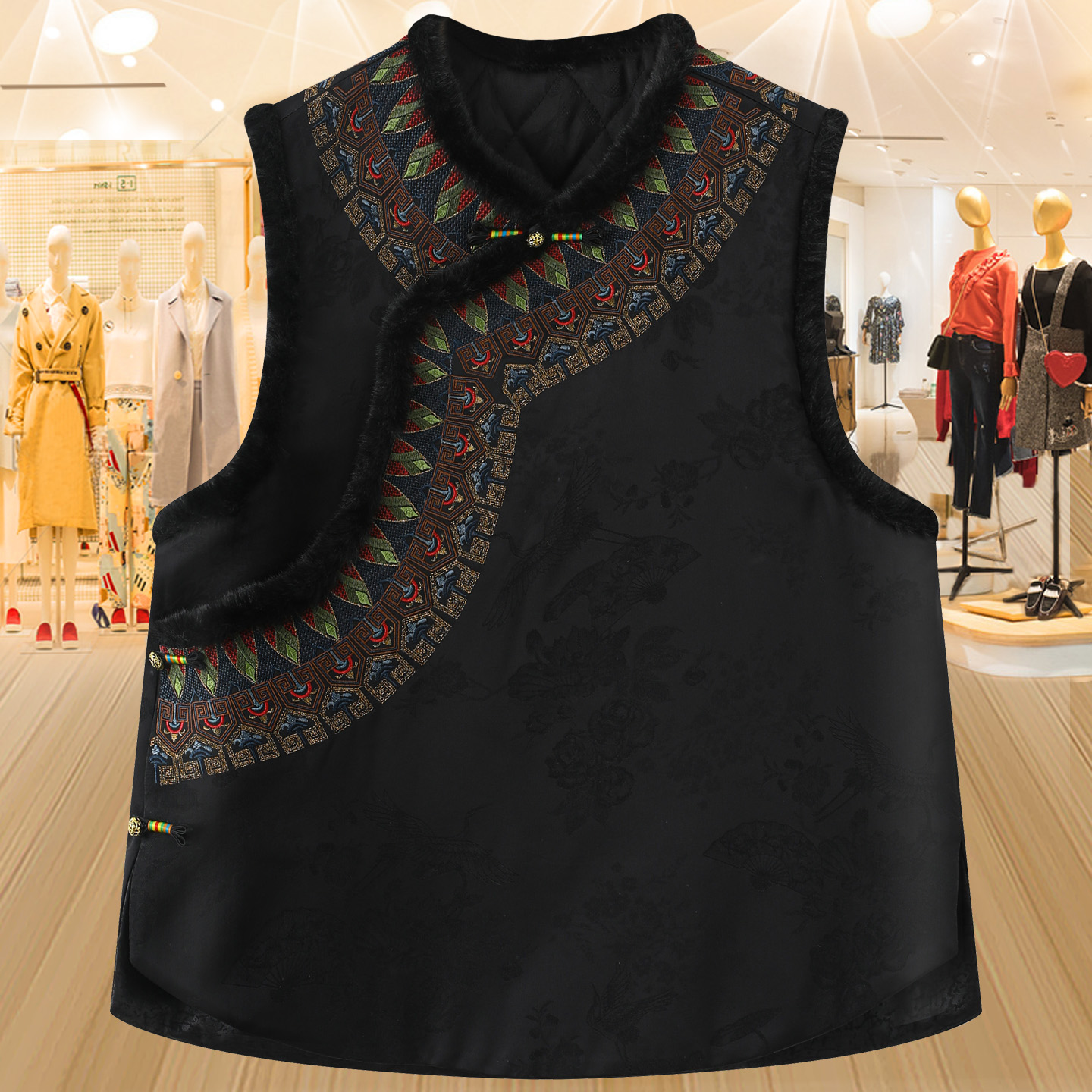 新中式夹棉马甲水貂毛苗绣坎肩女